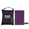 A black microfiber towel bag and a purple microfiber towel are displayed side by side.