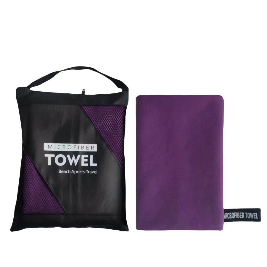 A black microfiber towel bag and a purple microfiber towel are displayed side by side.