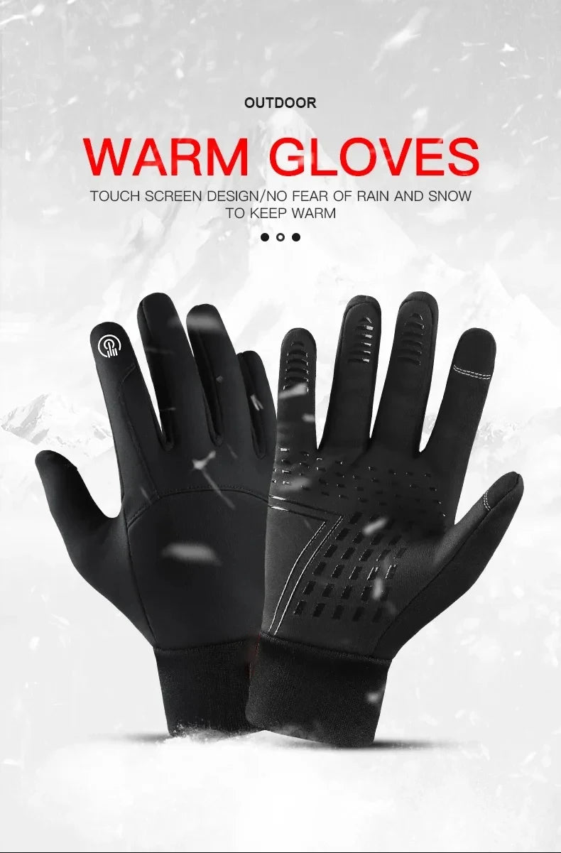 A pair of black outdoor gloves shown against a snowy background.