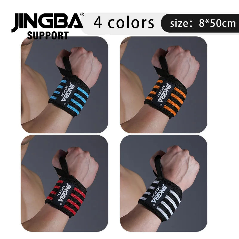 Vier Farben von JINGBA Extra-Stärkeknickschutz-Armbänder auf einer Hand gezeigt.