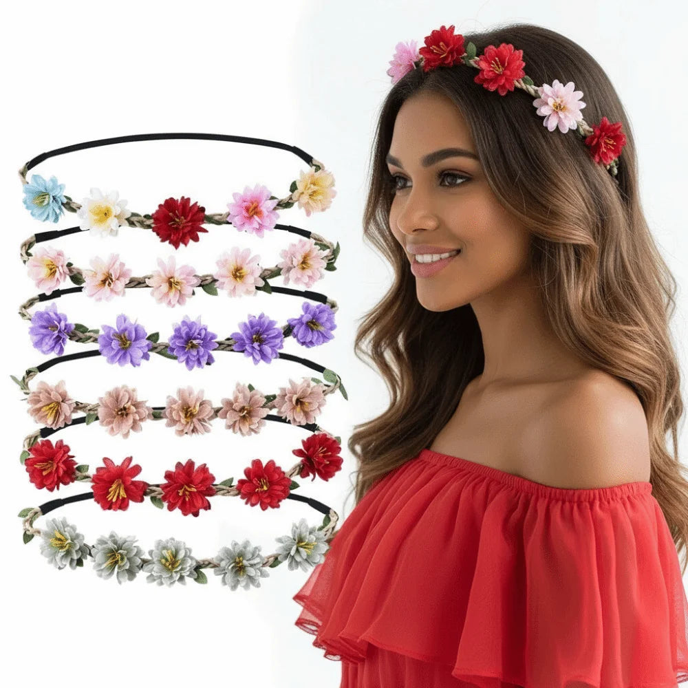 A woman models a floral rose wreath crown headpiece with various colored flowers on her hair.