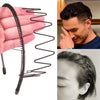 A black spiral fashion metal hair band is shown next to a model demonstrating its use on hair.