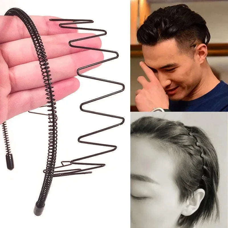 A black spiral fashion metal hair band is shown next to a model demonstrating its use on hair.