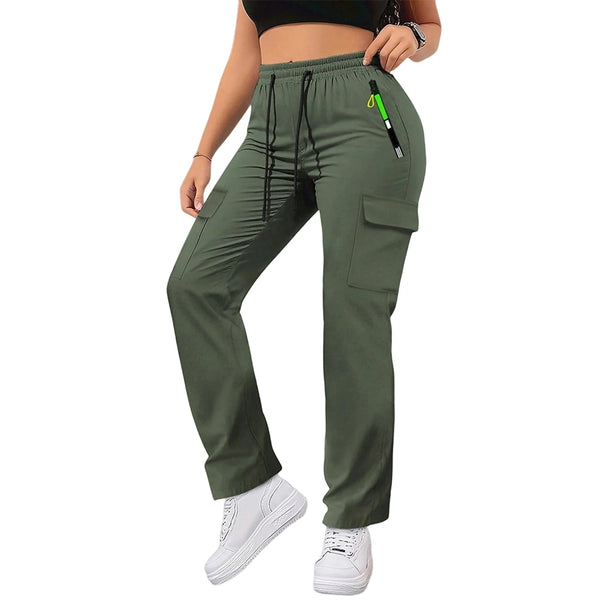 Women's olive green drawstring cargo pants shown on a model, featuring multiple pockets and drawstrings.