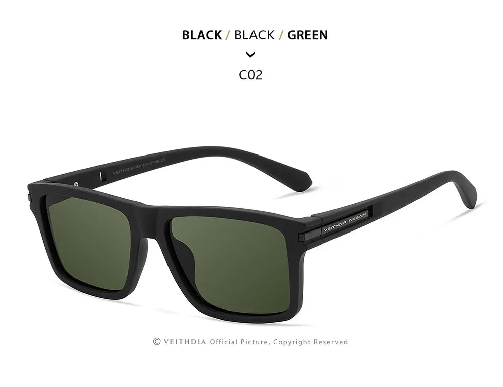 Black sunglasses shown in a studio setting with black frames and dark green lenses.