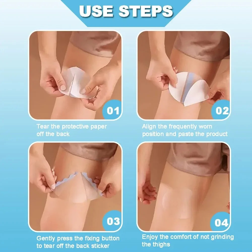 Four steps showing how to apply invisible anti-wear thigh patches for friction relief on the leg