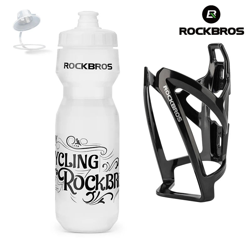 Bouteille d'eau de vélo blanche et durable avec un support noir, à côté du logo Rockbros.
