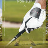 A close-up of a golf glove featuring a non-slip grip design shown on a hand.