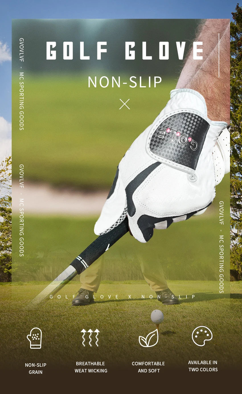 A close-up of a golf glove featuring a non-slip grip design shown on a hand.