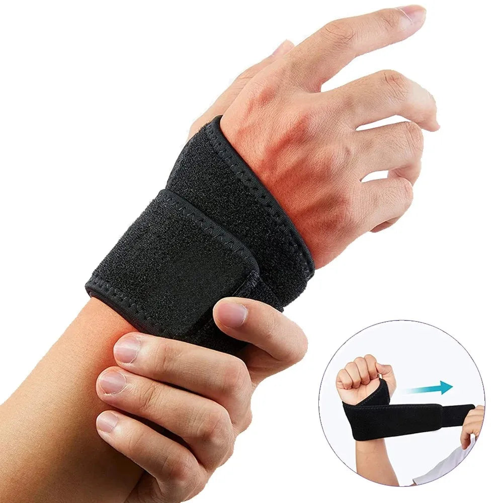 A hand wearing a black adjustable wrist support brace for pain relief, shown with an inset demonstrating its use.
