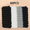 Ein Pack aus 40 Paar atmungsaktiver Polyester-Baumwoll-Strümpfe für Herren in Schwarz, Weiß und Grau.