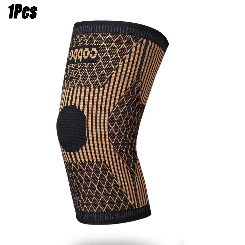 Black and gold patterned knee support sleeve for pain relief