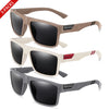 Three pairs of polarized square sunglasses in brown, cream, and gray tones.