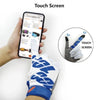 A hand wearing blue and white cycling gloves is holding a smartphone displaying a touch screen interface.
