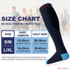 A dark blue compression sock is shown next to a size chart detailing foot and calf sizes.
