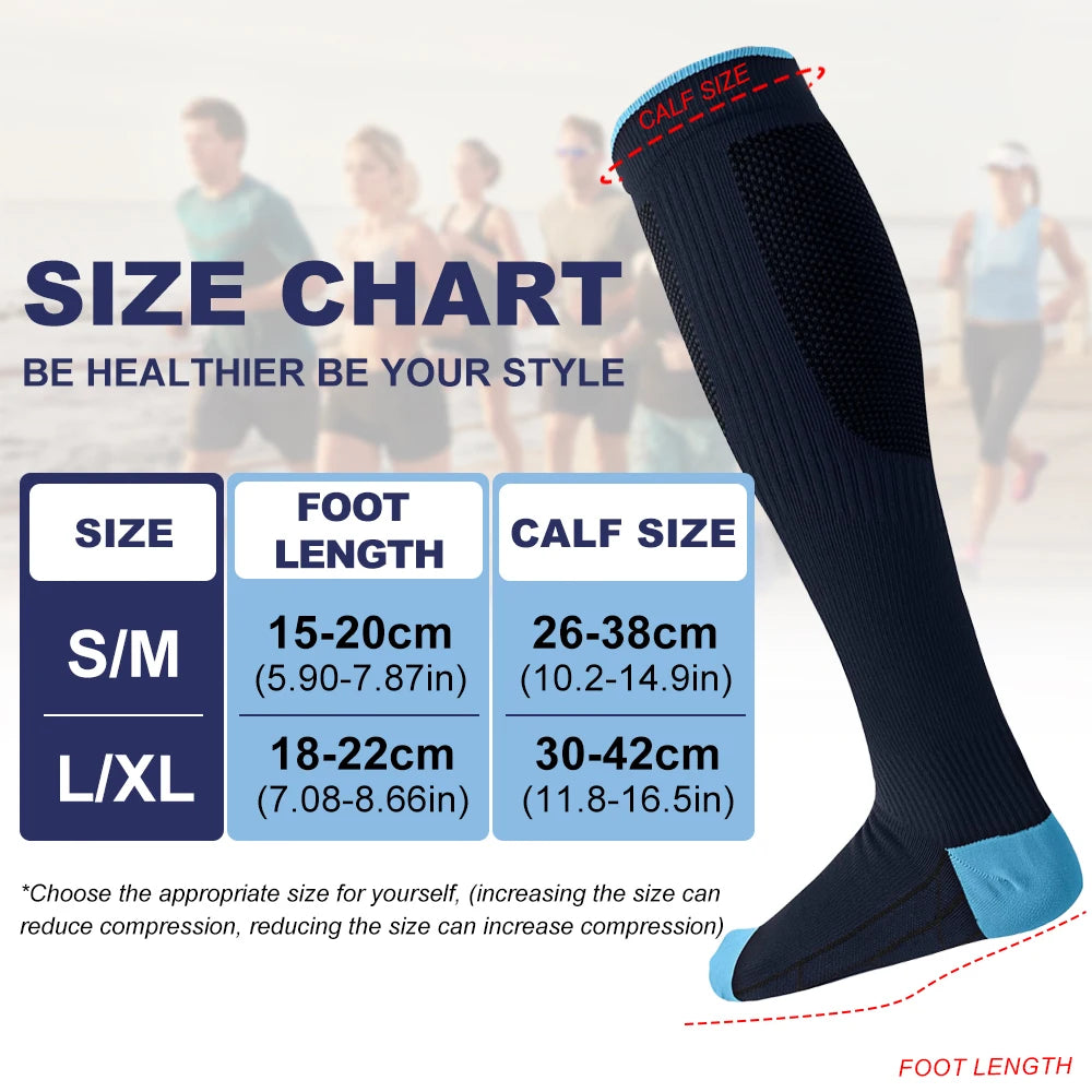 A dark blue compression sock is shown next to a size chart detailing foot and calf sizes.