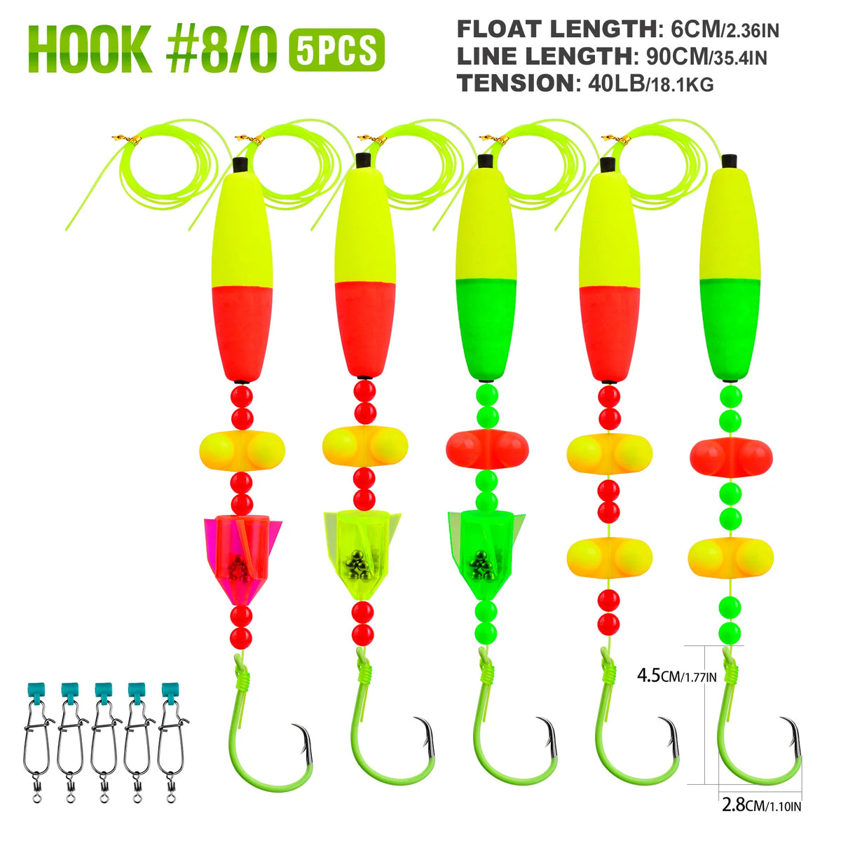 Five pieces of hook and float rigs for fishing with 6cm float length and 90cm line length