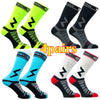Four pairs of high-quality compression cycling socks in neon yellow, black, and blue designs.