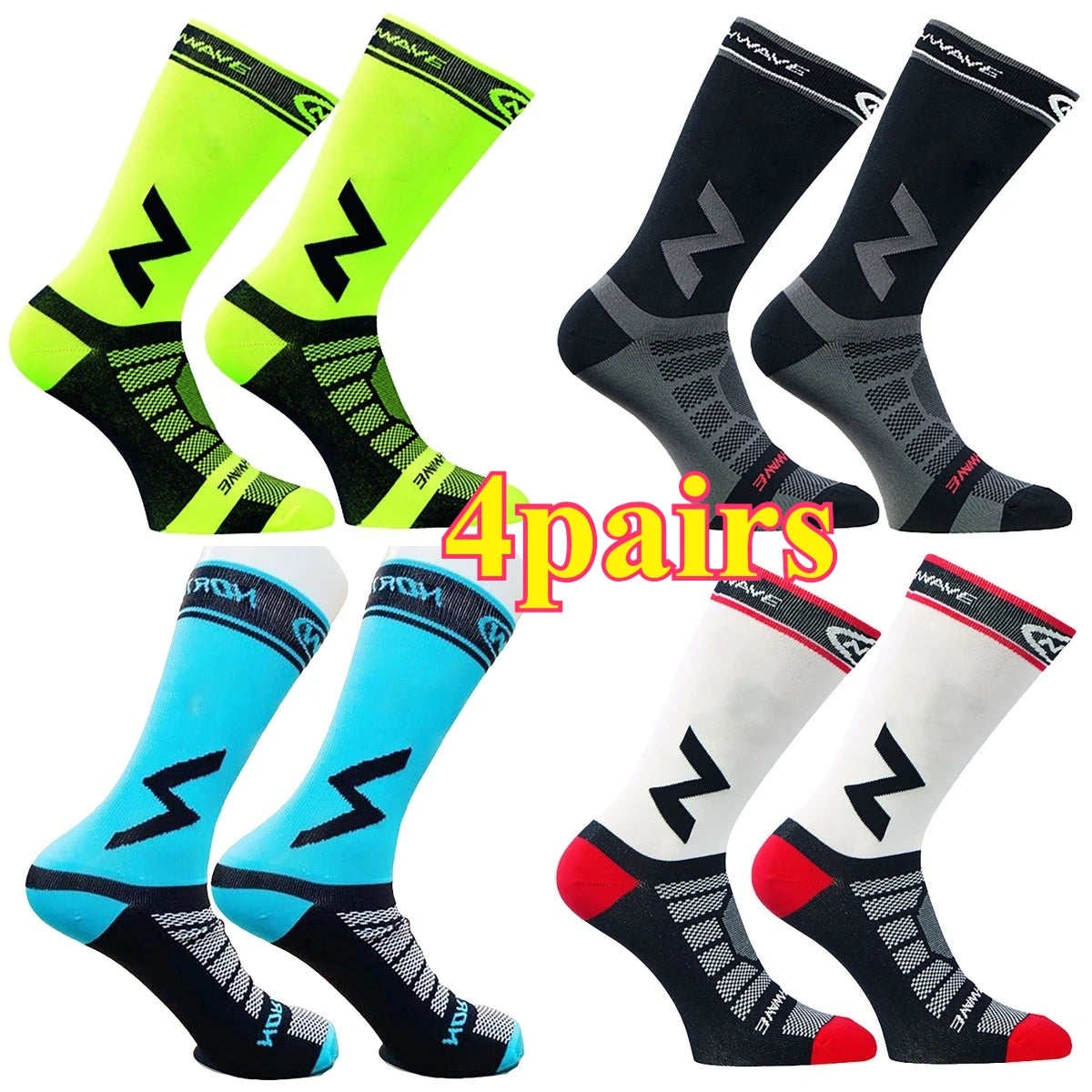 Four pairs of high-quality compression cycling socks in neon yellow, black, and blue designs.