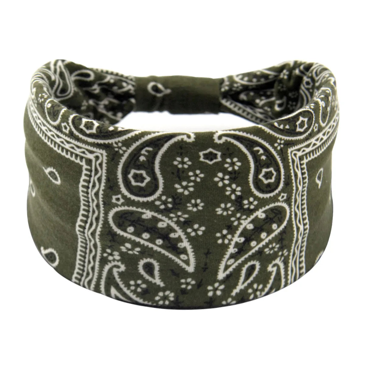 Dunkelolivgrüne Boho-Twist-Haube mit weißer Paisley- und Blumenstickerei.
