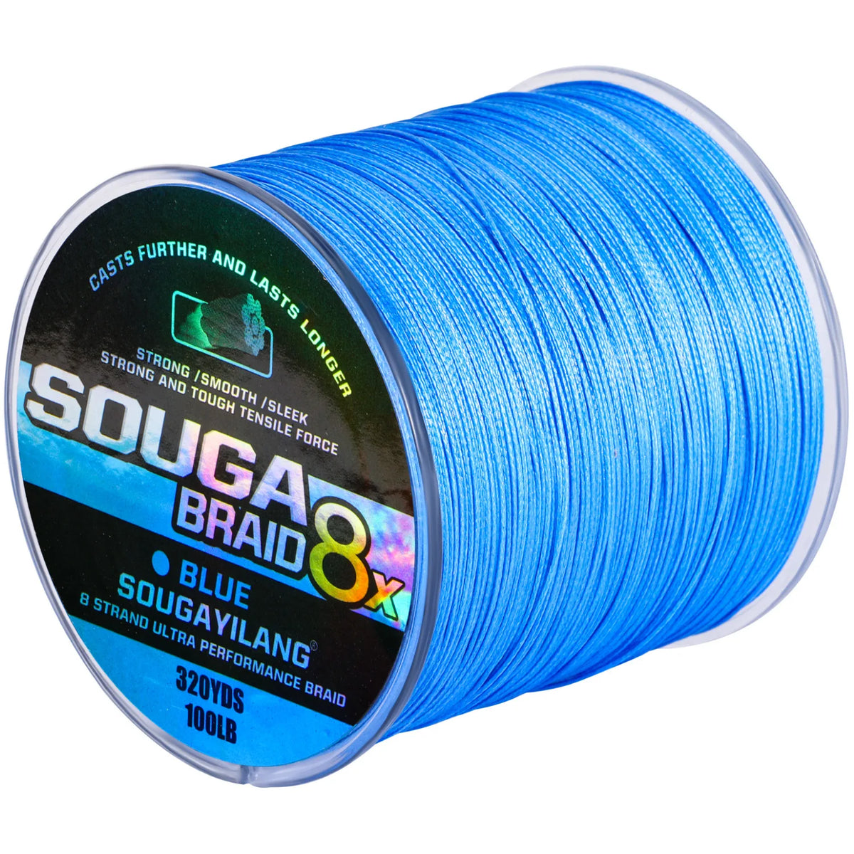 A spool of blue SOUGAYILANG braided fishing line, 320 yards long and 100 lbs strength.