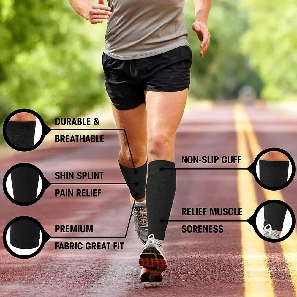 A person running wears black calf compression sleeves, highlighting features like durability, pain relief, and non-slip cuffs