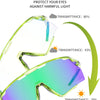 Light sensitive rapid colour change photochromic cycling sunglasses shown in various light conditions