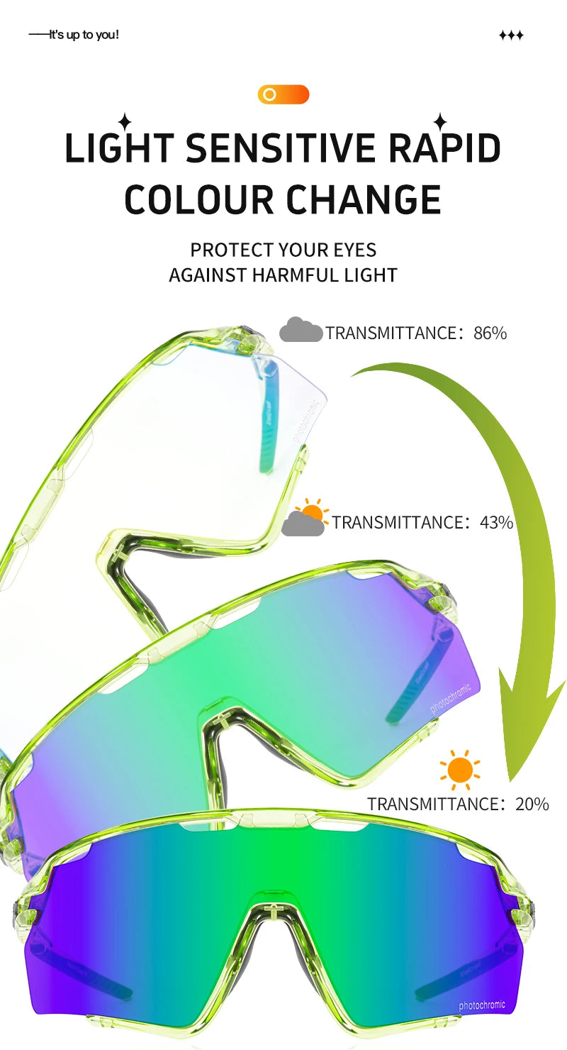 Light sensitive rapid colour change photochromic cycling sunglasses shown in various light conditions