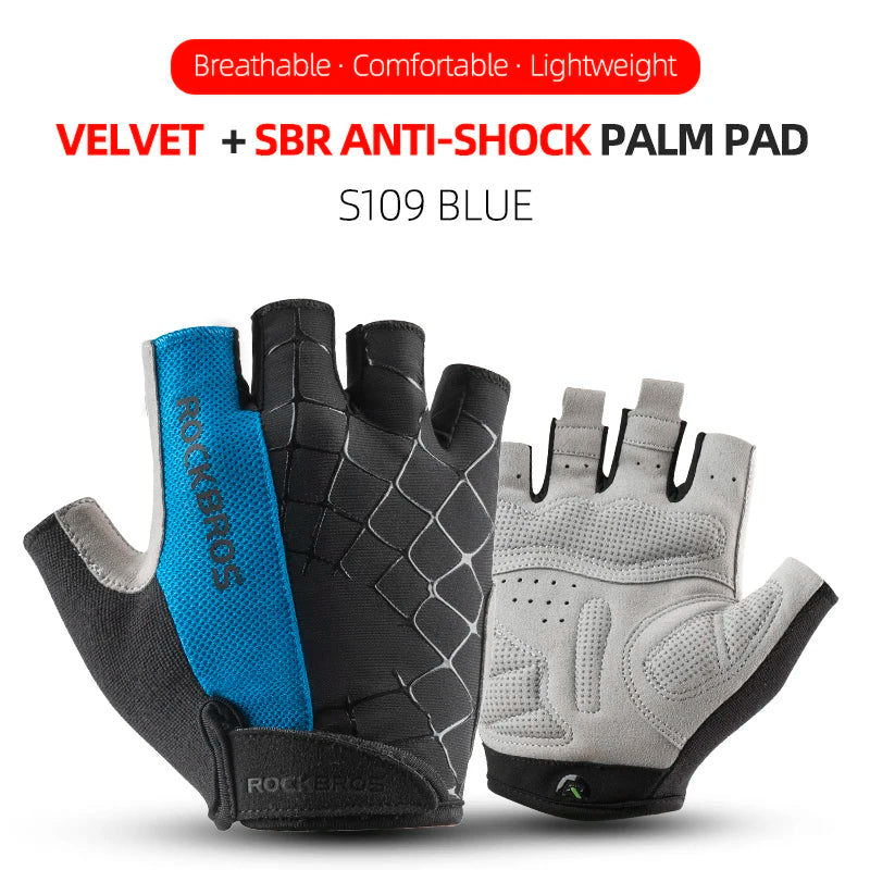 Black and blue velvet palm pad cycling gloves with anti-shock features