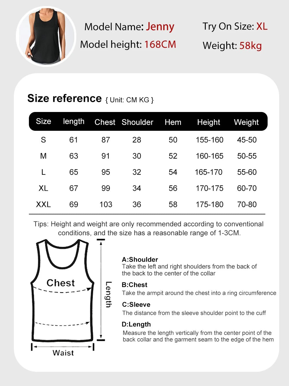 A size chart and measurement guide for a Jenny model tank top, showing dimensions for various sizes.