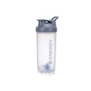 Durchsichtige, portable Proteinpulver-Shakerflasche mit grauem Deckel.
