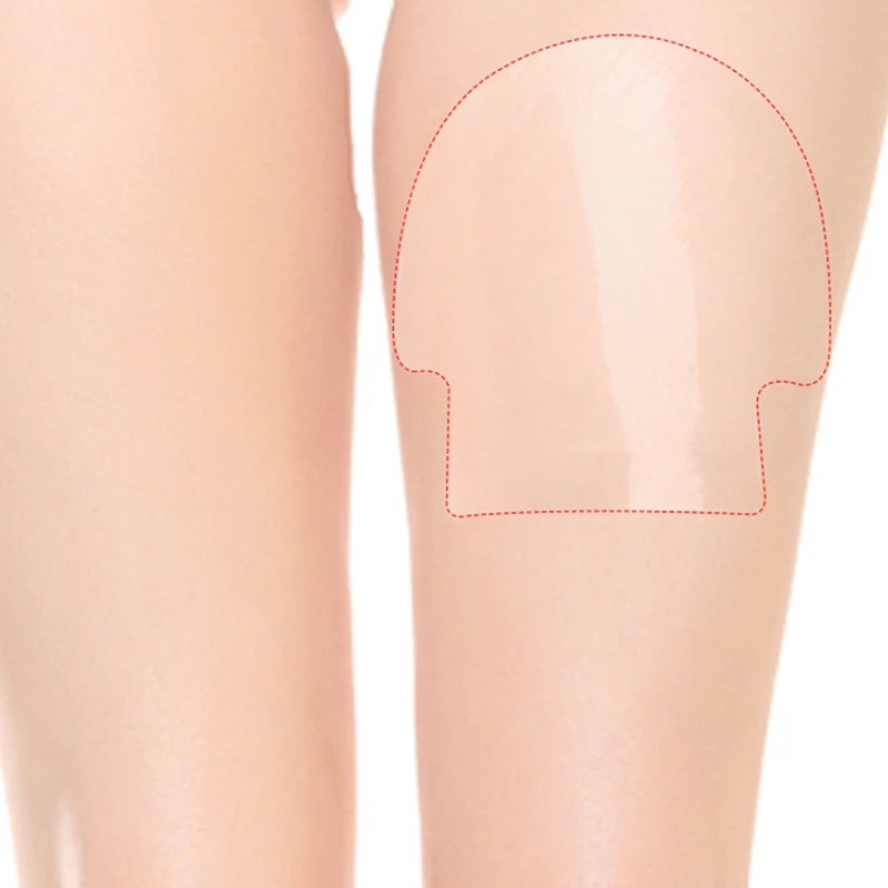 A close-up of a person's leg showing an invisible body shaping patch outline on the skin.