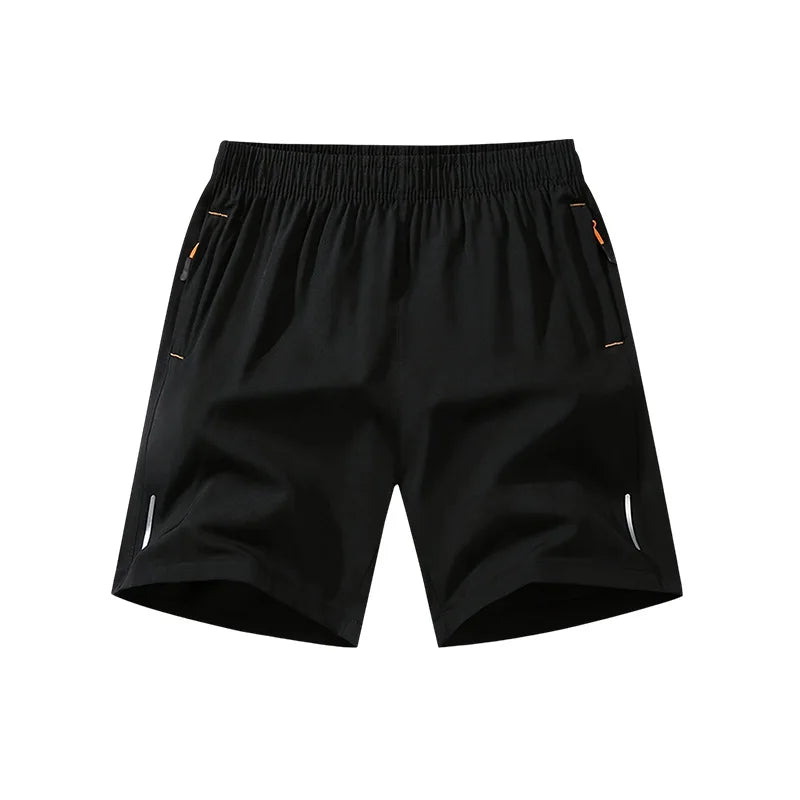 Black men's lightweight quick-dry running shorts shown flat lay