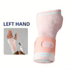 Pink adjustable wrist palm support brace shown on a left hand.