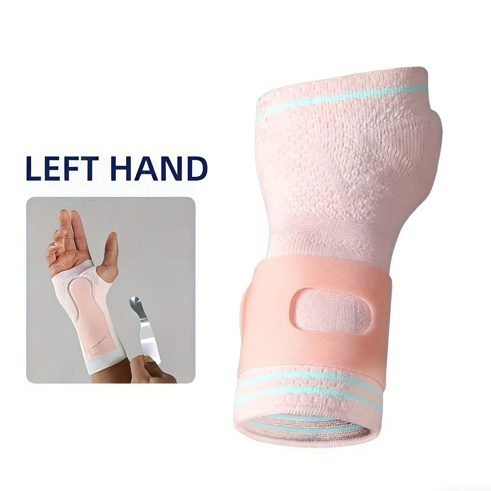 Pink adjustable wrist palm support brace shown on a left hand.