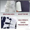 A white breathable mesh back brace with elastic pressure straps shown in various views.