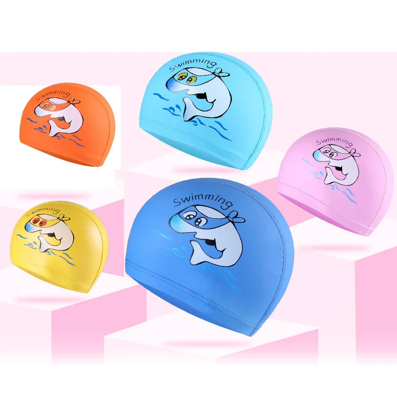 A set of five waterproof cartoon swimming caps in orange, yellow, blue, and pink colors featuring a swimming fish design.