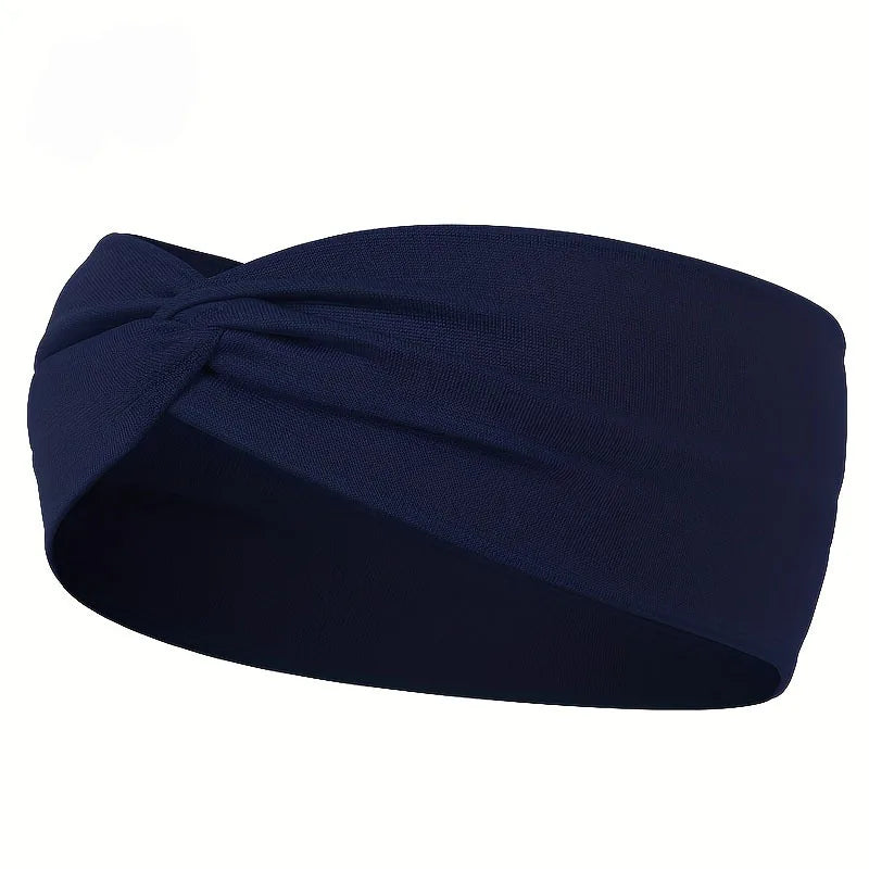 Navy blue knotted elastic sports headband shown from the side.
