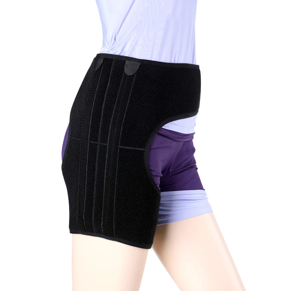 Black compression support brace worn on the thigh and groin area of a person's leg.