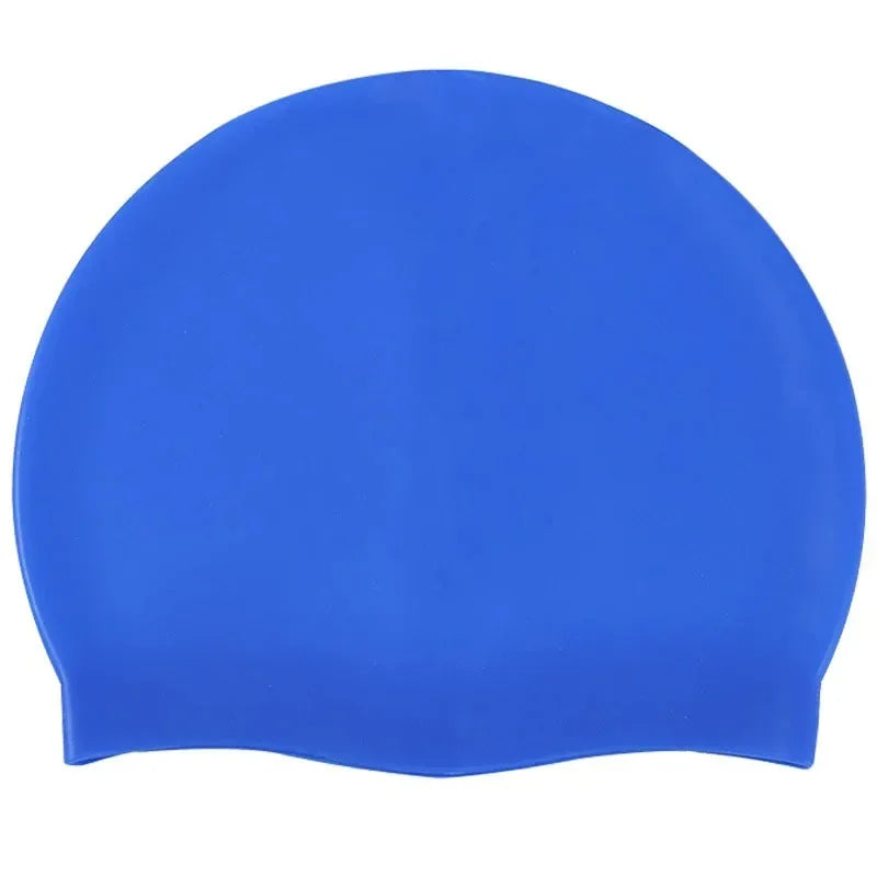 A bright blue waterproof silicone swim cap for adults and children.