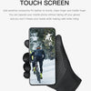 Gant noir avec écran tactile à trois doigts montrant un motard de moto.