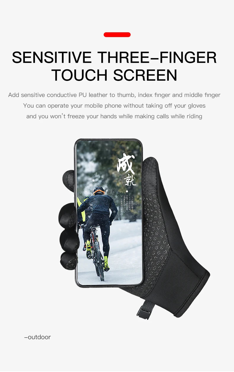 Gant noir avec écran tactile à trois doigts montrant un motard de moto.