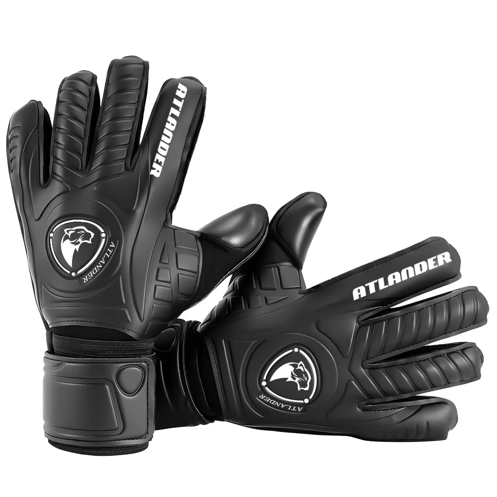 A pair of black leather goalkeeper gloves shown from the palm side.