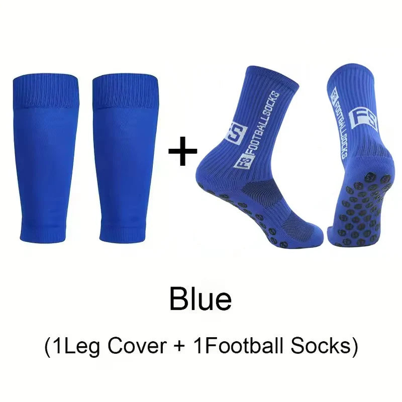 A blue set including one leg cover and one football sock for sports.