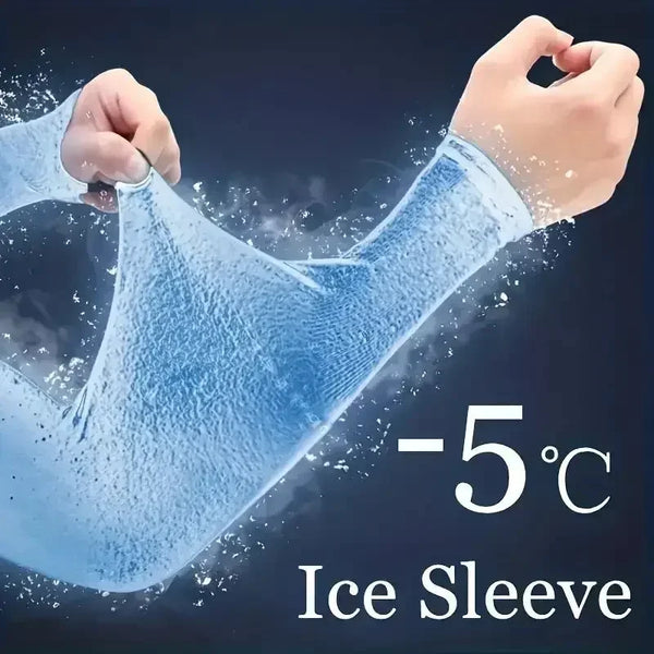 A hand wearing a blue ice sleeve is shown against a dark background, indicating protection from -5°C.