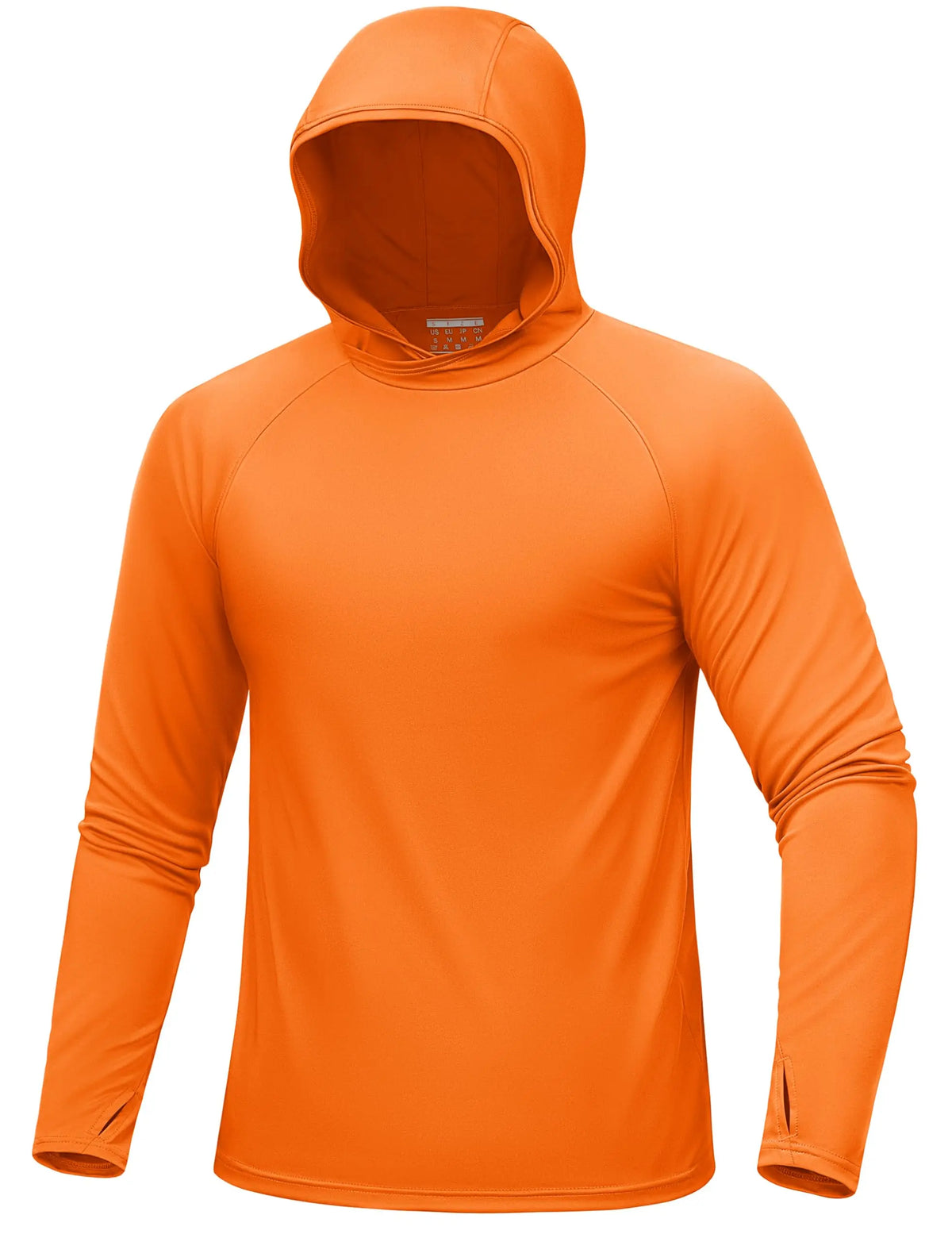 Orangefarbenes Langarmshirt mit Kapuze in Ganzkörperansicht.
