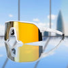 A pair of yellow cycling sunglasses with white frames reflecting in a glass surface.