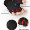 Black fingerless sports gloves showing various features like anti-skid pads and easy removal design