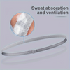A gray hair tie is shown with a magnified view demonstrating sweat absorption and ventilation features.