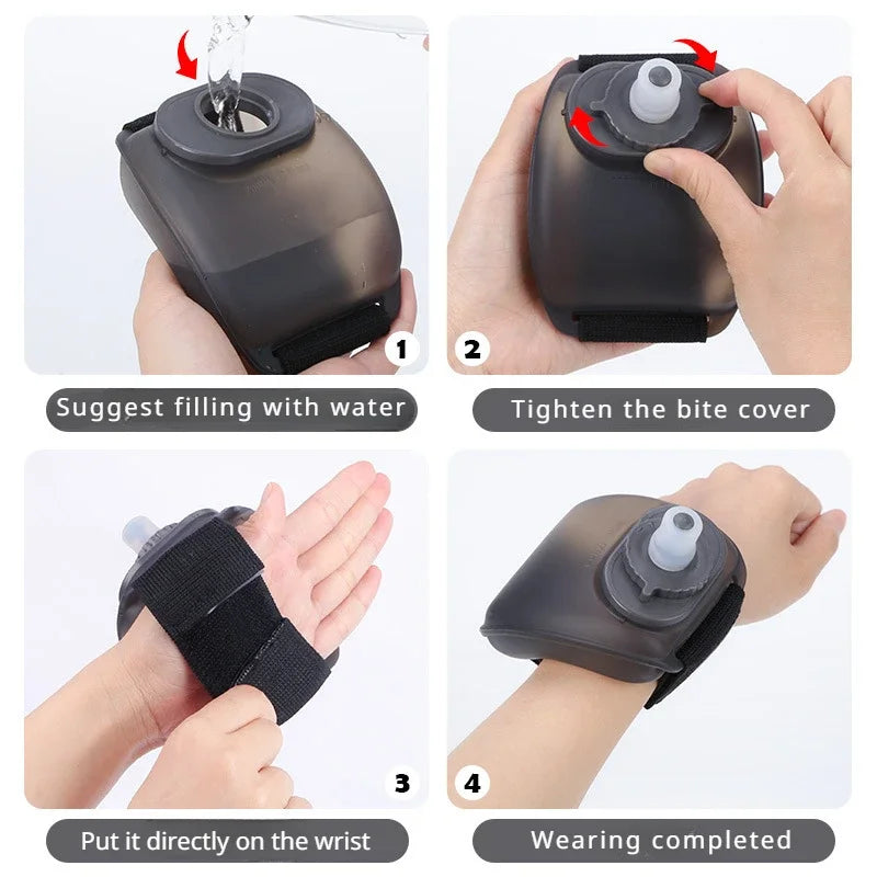 Demonstration images showing how to fill, tighten, and wear a durable sports wrist water bottle.